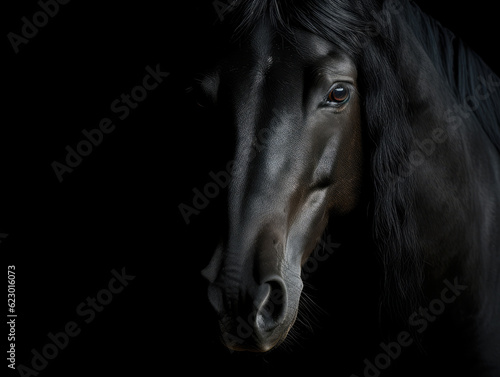 Dramatic background of a black stallion horse