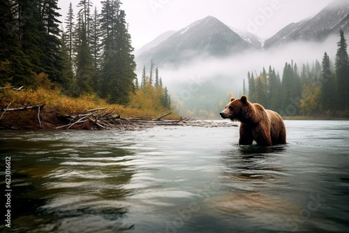 Brown bear walking through the river with beautiful forest and mountains in the background. Amazing Wildlife. Generative Ai
