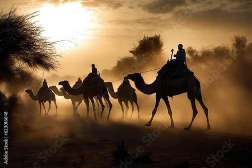 Camel caravan through desert at sunset. Amazing African Wildlife. Generative Ai