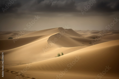 Landscape of golden sand dunes in Sahara desert. Generative Ai