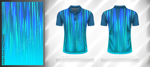 Vector sport pattern design template for Polo T-shirt front and back with short sleeve view mockup. Dark and light shades of blue color gradient abstract grunge texture background illustration.
