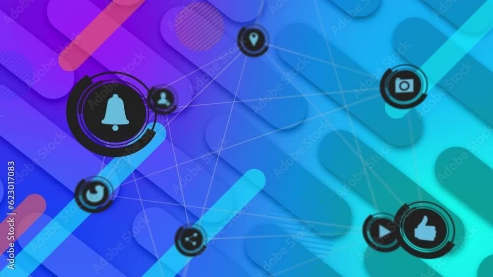 Animation of connected icons over looping bars against blue background Animation of connected icons over looping bars against blue background