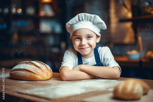 cute little chef baker in an apron and hat chef with freshly baked wheat bread. generative AI