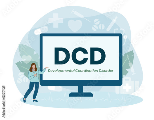 DCD - Developmental Coordination Disorder acronym. medical concept background. vector illustration concept with keywords and icons. lettering illustration with icons for web banner, flyer, landing