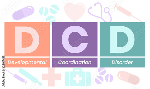 DCD - Developmental Coordination Disorder acronym. medical concept background. vector illustration concept with keywords and icons. lettering illustration with icons for web banner, flyer, landing