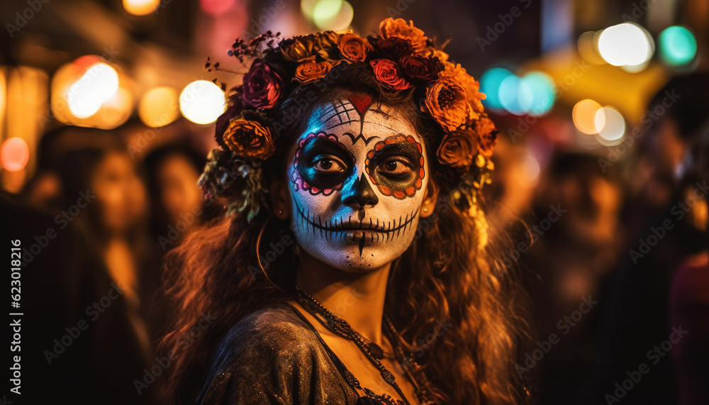 Adult with colorful face paint embodies Mexican tradition and Festival of dead or Day of the Dead celebration at a lively festival. Generative AI Adult with colorful face paint embodies Mexican tradition and Festival of dead or Day of the Dead celebration at a lively festival. Generative AI