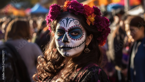 Adult with colorful face paint embodies Mexican tradition and Festival of dead or Day of the Dead celebration at a lively festival. Generative AI