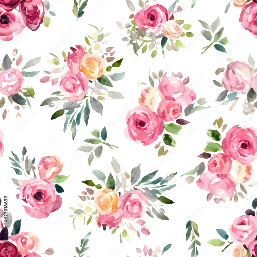 Seamless pattern with pink watercolor roses. Spring flowers and leaves. Hand drawn background. Floral pattern for wallpaper or fabric. Flower retro rose. Botanic Tile. Seamless pattern with pink watercolor roses. Spring flowers and leaves. Hand drawn background. Floral pattern for wallpaper or fabric. Flower retro rose. Botanic Tile.