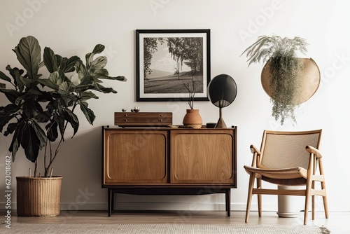 Vintage living room decor including a classic wooden commode, a plant composition, decorative items, and a mock up poster frame in black on a beige wall. Elegant interior design. Template. Generative