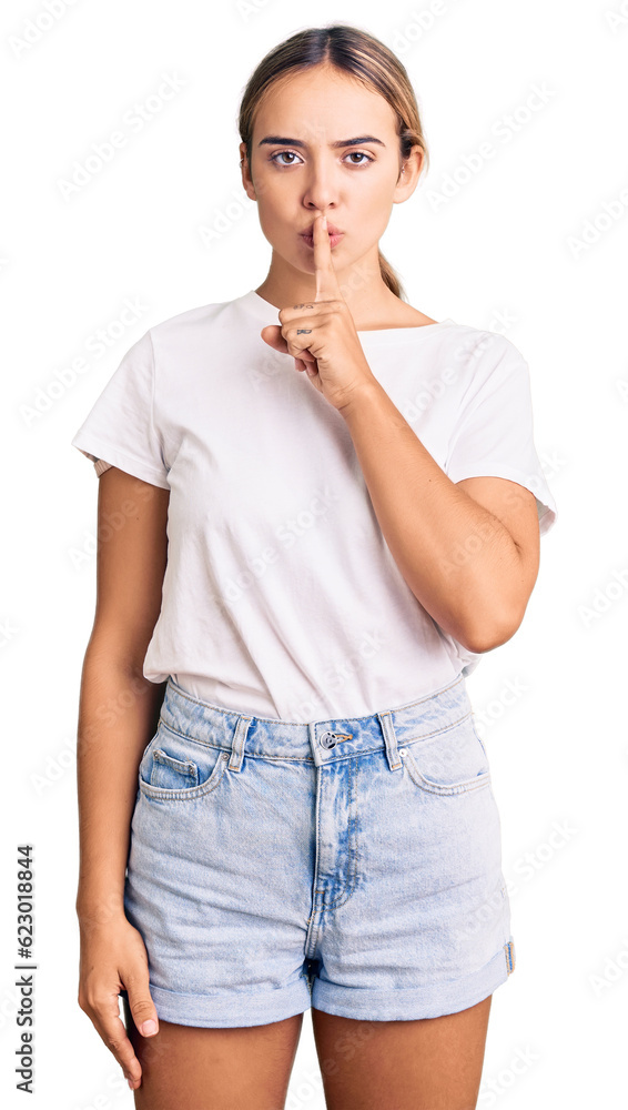 Young beautiful blonde woman wearing casual white tshirt asking to be quiet with finger on lips. silence and secret concept. Young beautiful blonde woman wearing casual white tshirt asking to be quiet with finger on lips. silence and secret concept.