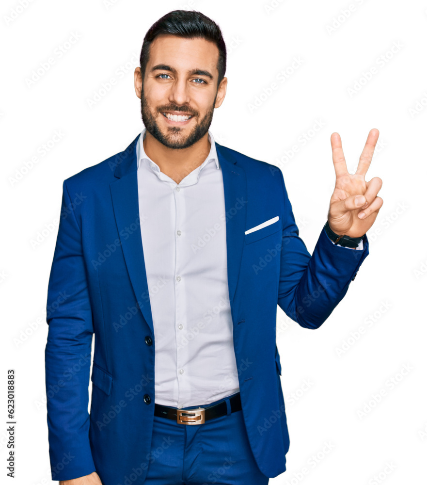 Young hispanic man wearing business jacket showing and pointing up with fingers number two while smiling confident and happy. Young hispanic man wearing business jacket showing and pointing up with fingers number two while smiling confident and happy.