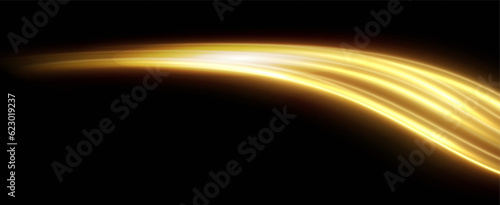 Golden glowing swirl. The effect of moving at the speed of light. Easy trail. Shiny wavy path. Vector.Neon light. 