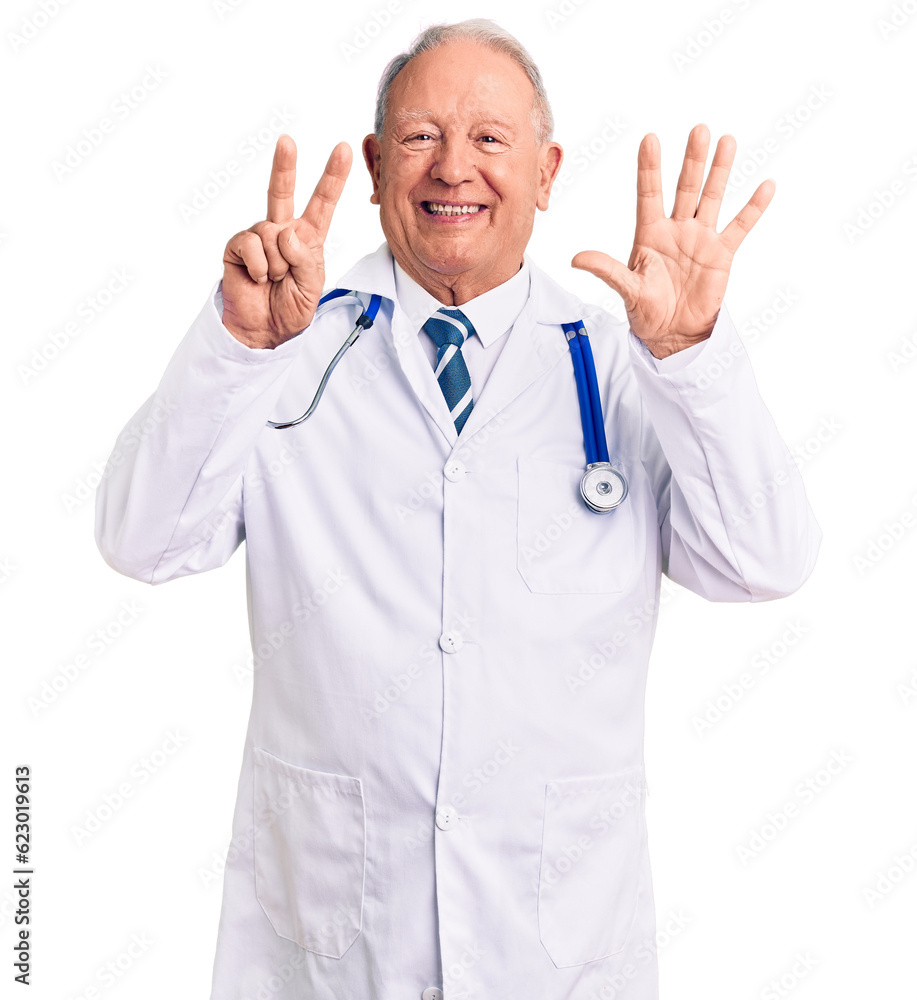 Senior handsome grey-haired man wearing doctor coat and stethoscope showing and pointing up with fingers number seven while smiling confident and happy. Senior handsome grey-haired man wearing doctor coat and stethoscope showing and pointing up with fingers number seven while smiling confident and happy.