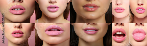 Collage with photos of beautiful lips on a pink background, close-up photo