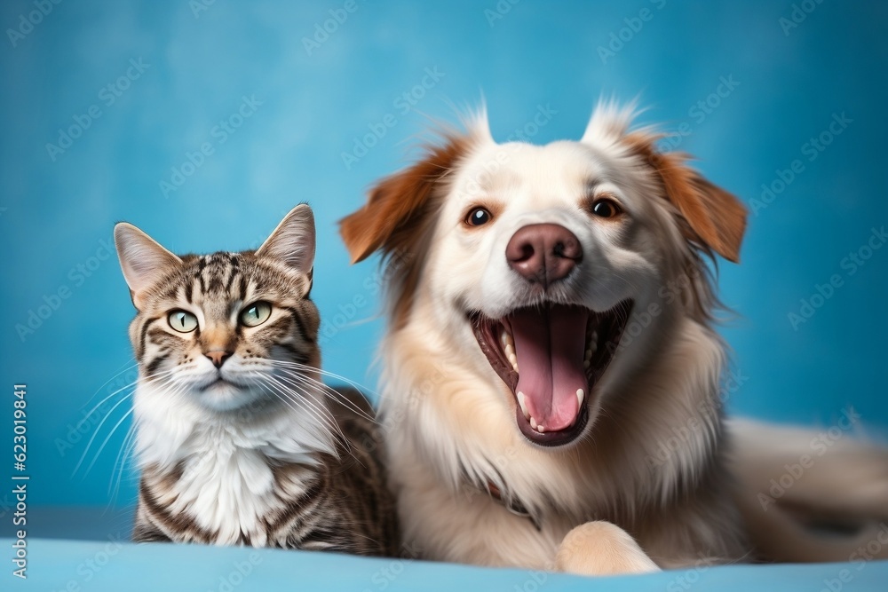 Blissful Pet Companions Happy Dog and Cat on Blue Background - Animals Love. Generative AI