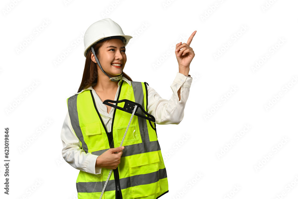 Image of engineer wearing safety vest and hardhat holding laptop isolated on white background Image of engineer wearing safety vest and hardhat holding laptop isolated on white background