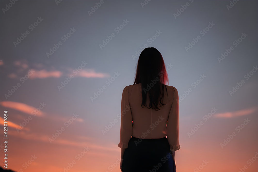 A woman looking at the sunset sky.
Generative AI