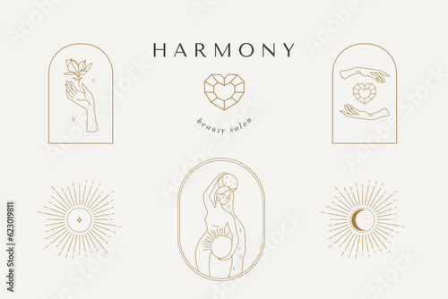 Abstract logo template with images of female, sunset, ocean, moon, flower crystals and arches. Modern minimal set of linear icons and emblems for social media, accommodation rental and travel services