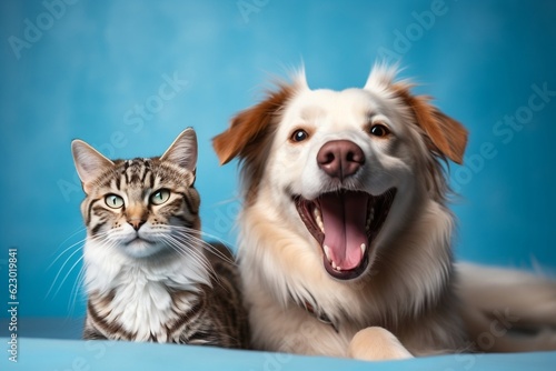 Blissful Pet Companions Happy Dog and Cat on Blue Background - Animals Love. Generative AI