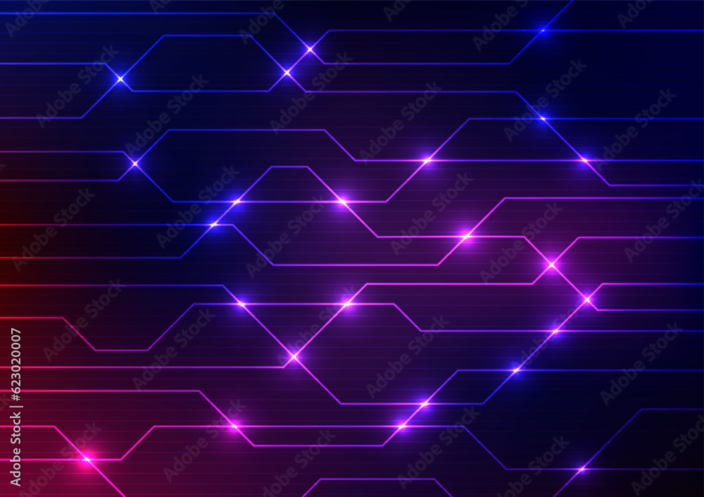 Digital link connecting neon light line technology background