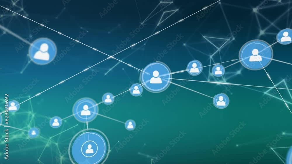 Animation of network of profile icons over network of connections on green gradient background Animation of network of profile icons over network of connections on green gradient background