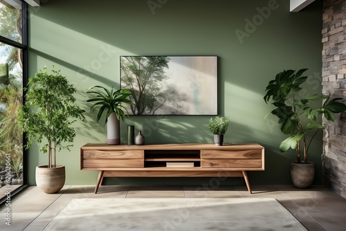 Modern Elegance Interior of Contemporary Living Room with Wooden Touches. Generative AI