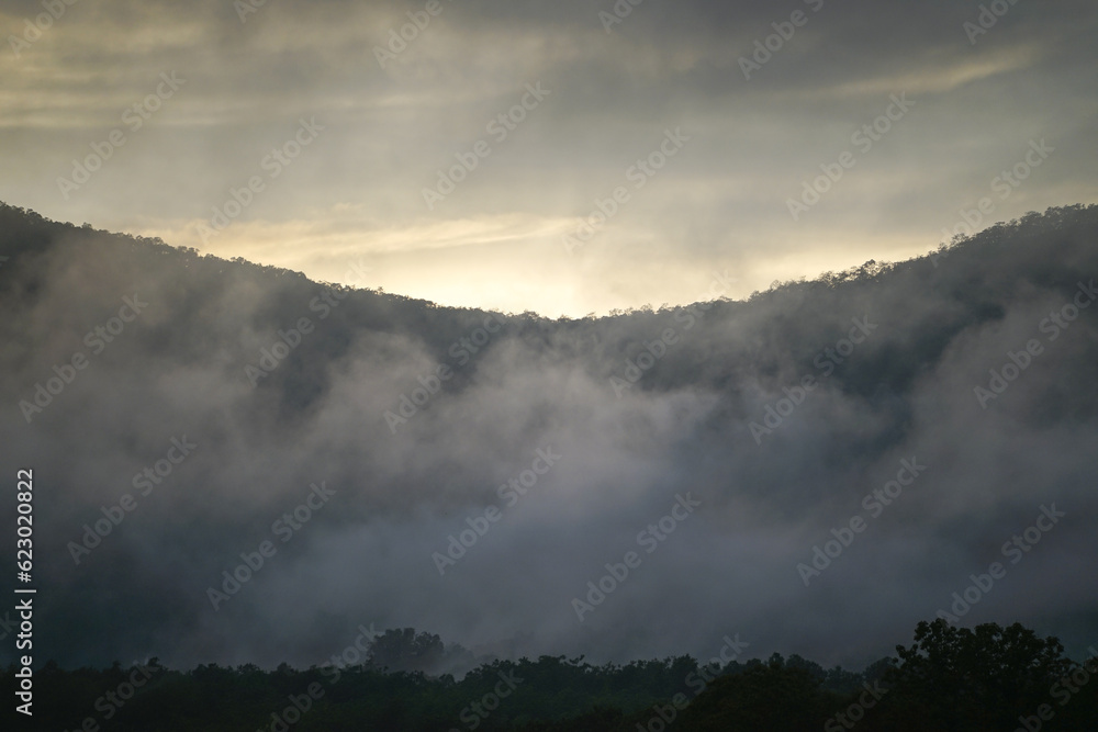 Fog and cloud over mountain after raining in twilight time. 