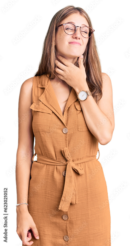 Young beautiful blonde woman wearing casual clothes and glasses touching painful neck, sore throat for flu, clod and infection Young beautiful blonde woman wearing casual clothes and glasses touching painful neck, sore throat for flu, clod and infection