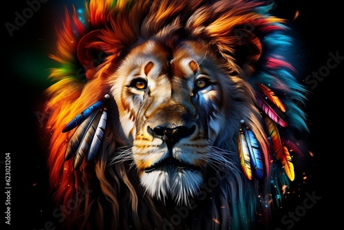 Lion Portrait Colorful Paint and Feathers. Generative AI © Haider