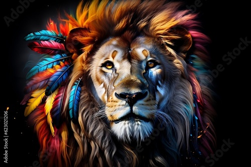Lion Portrait Colorful Paint and Feathers. Generative AI