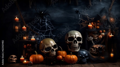Halloween background with human skulls, pumpkins, candles and bats. Generative AI.