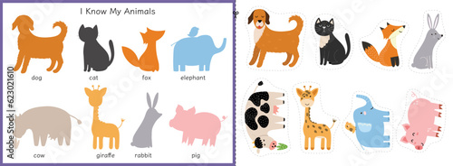 Fototapeta Naklejka Na Ścianę i Meble -  Match the animals activity for kids. Matching game with cute characters. Learning animals for toddlers. Cut and glue worksheet. Vector illustration
