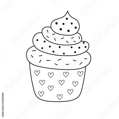 Hand drawn cupcake with a whipped cream isolated element. Black and white print. Doodle dessert in cartoon style coloring page. Vector illustration