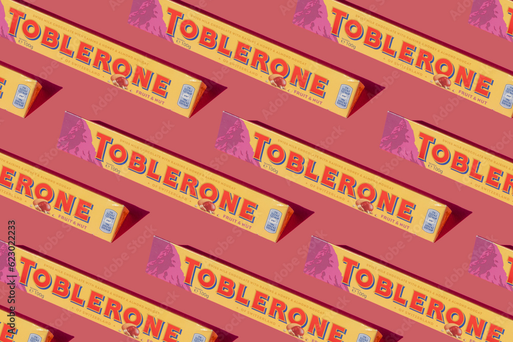Toblerone pattern. Swiss chocolate with raising almond nougat. New