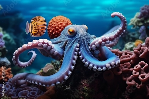 Octopus in the Coral Reef Animals of the Underwater. Generative AI © Haider