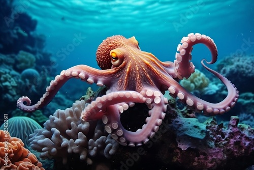 Octopus in the Coral Reef Animals of the Underwater. Generative AI © Haider