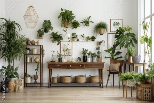 A lot of lovely plants were placed in variously designed pots on the brown antique shelf in the stylish living room. Composition of a jungle in a residential garden. modern interior design. floral des