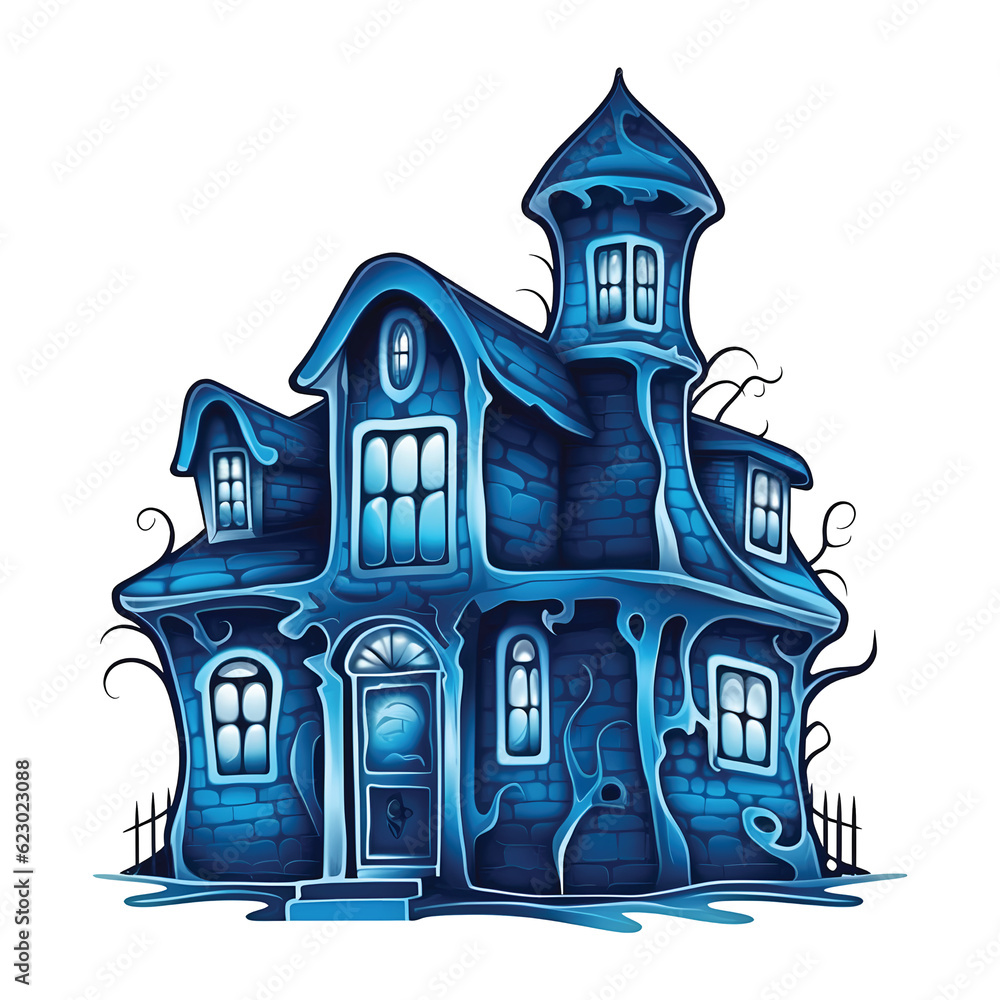 Fototapeta premium Hauntingly Beautiful: Blue House Illustration with a Spooky Twist