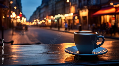 Cup of coffee on the street at night background with empty space for text