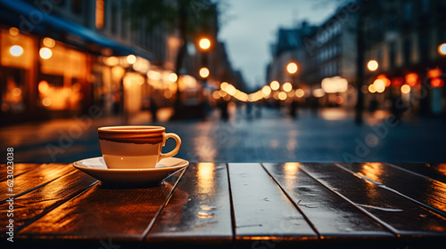 Cup of coffee on the street at night background with empty space for text