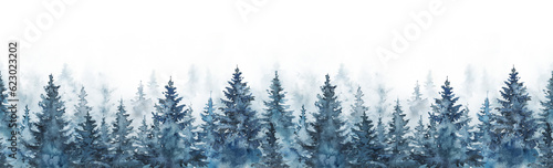 Hand painted illustration, watercolor seamless pattern with blue trees in the mist © Kateina