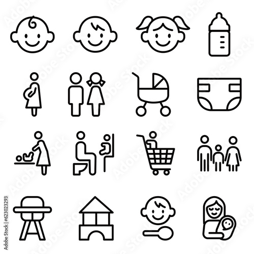 Fototapet Baby and kid icon set, public facilities, Vector outline illustration