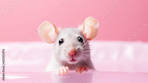 Cute mouse is bathing isolated on pink background with copy space © AI Petr Images