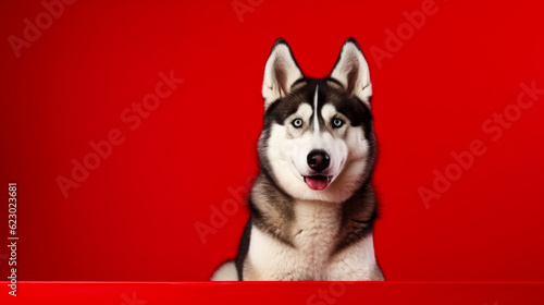 Cute siberian husky is siting isolated on red background copy space