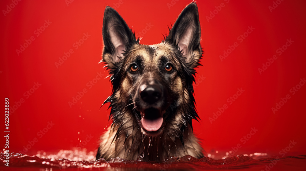 German shepherd dog is bathing isolated on red background with a copy space German shepherd dog is bathing isolated on red background with a copy space