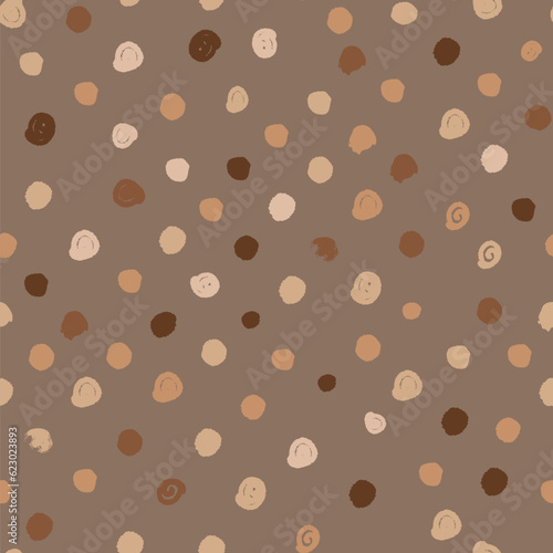 Polka dot seamless pattern with irregular circles in beige and brown shades. Naive drawing