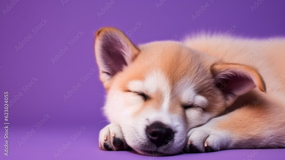 Cute puppy is sleeping isolated on violet background copy space