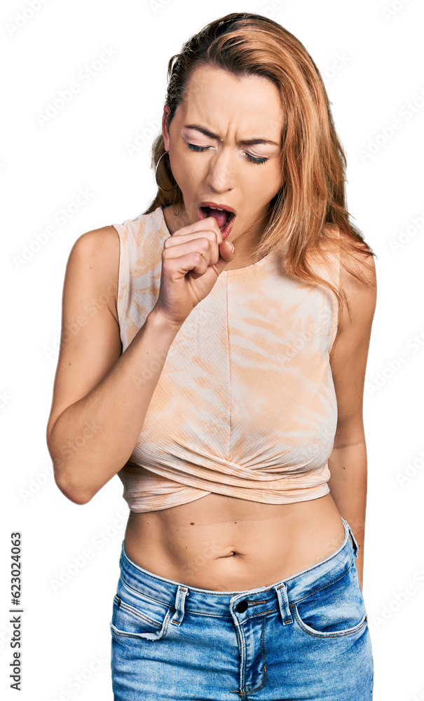 Young caucasian woman wearing casual style with sleeveless shirt feeling unwell and coughing as symptom for cold or bronchitis. health care concept. Young caucasian woman wearing casual style with sleeveless shirt feeling unwell and coughing as symptom for cold or bronchitis. health care concept.