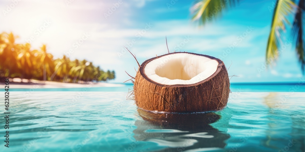 Obraz premium Coconut on tropical beach background. Summer concept. copy space, generative ai