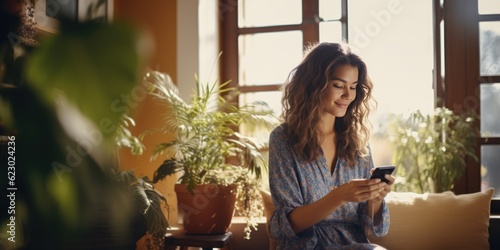 Happy beautiful woman checking social media holding smartphone sitting on a sofa at home. Smiling young woman using mobile phone app playing game, shopping online, ordering delivery, generative ai